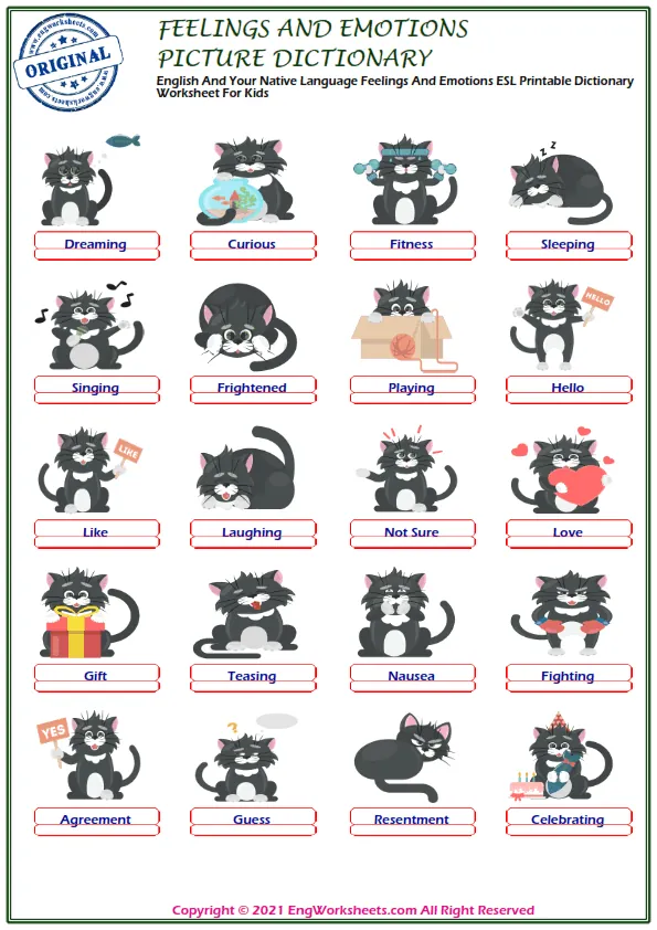 English And Your Native Language Feelings And Emotions ESL Printable Dictionary Worksheet For Kids Worksheet Preview