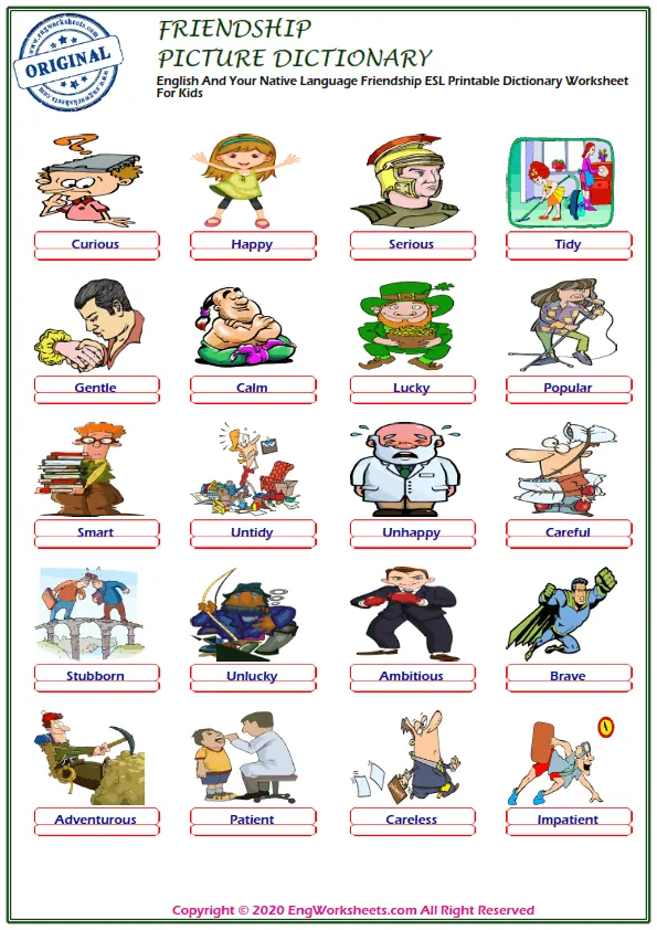 English And Your Native Language Friendship ESL Printable Dictionary Worksheet For Kids Worksheet Preview