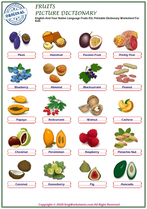 English And Your Native Language Fruits ESL Printable Dictionary Worksheet For Kids