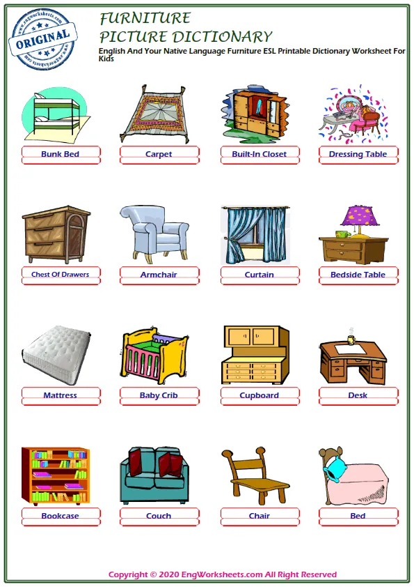 English And Your Native Language Furniture ESL Printable Dictionary Worksheet For Kids Worksheet Preview