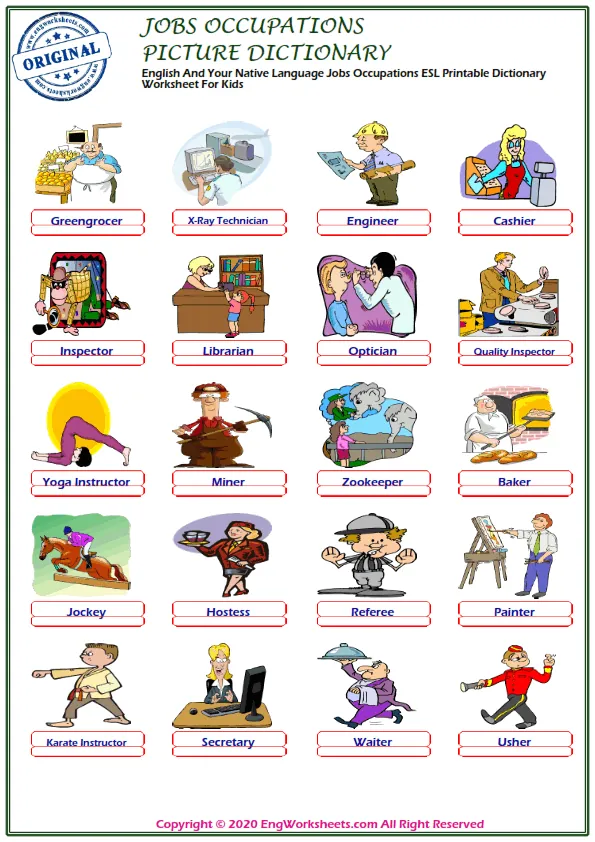 English And Your Native Language Jobs Occupations ESL Printable Dictionary Worksheet For Kids