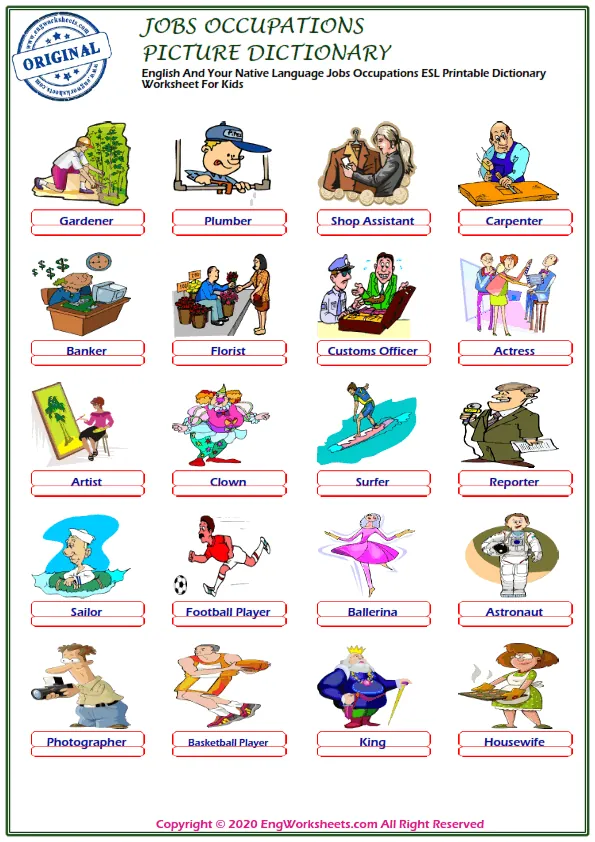 English And Your Native Language Jobs Occupations ESL Printable Dictionary Worksheet For Kids