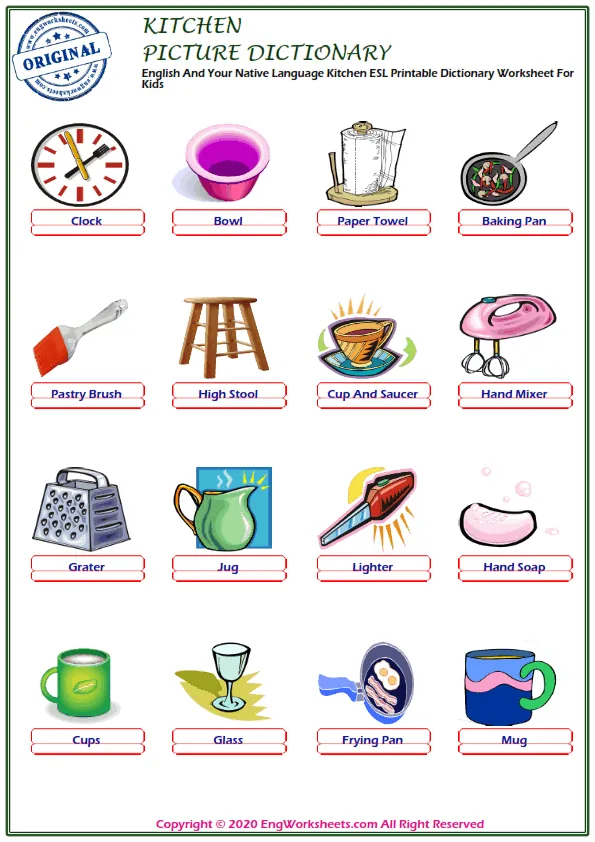 English And Your Native Language Kitchen ESL Printable Dictionary Worksheet For Kids