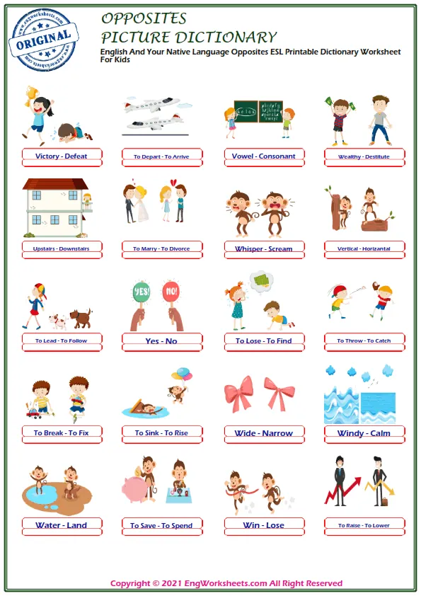English And Your Native Language Opposites ESL Printable Dictionary Worksheet For Kids Worksheet Preview
