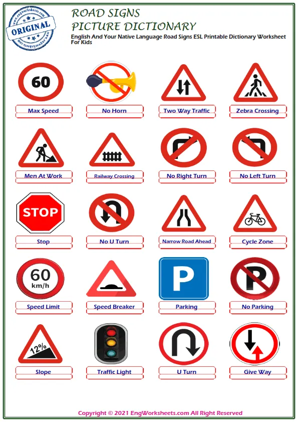 Road Signs ESL Vocabulary Matching Exercise Worksheet For Kids Worksheet Preview