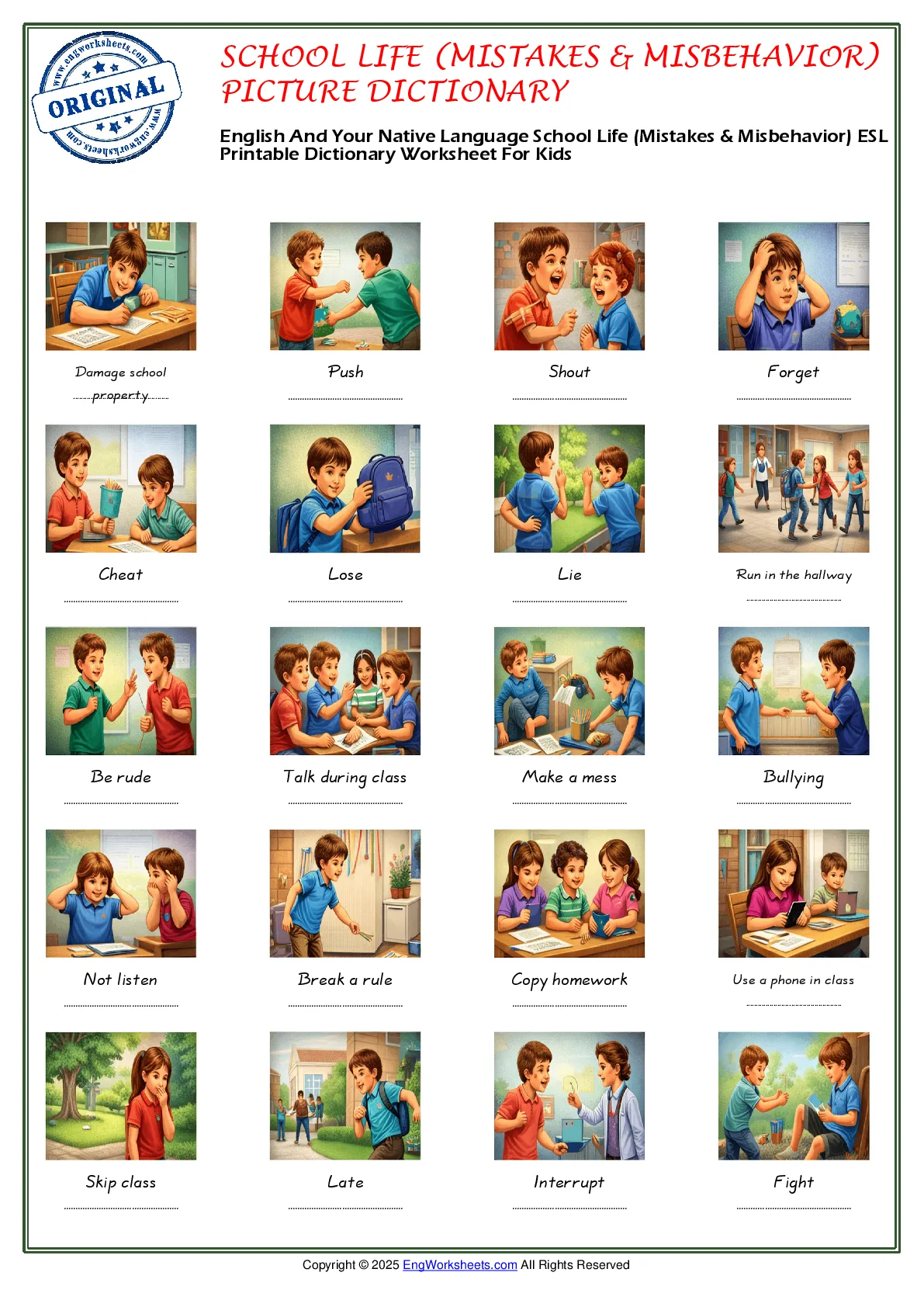 English And Your Native Language School Life (Mistakes & Misbehavior) ESL Printable Dictionary Worksheet For Kids Worksheet Preview
