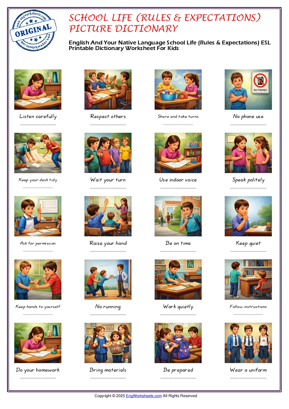 English And Your Native Language School Life (Rules & Expectations) ESL Printable Dictionary Worksheet For Kids Worksheet Preview