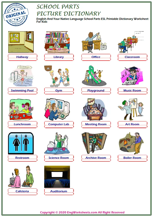 English And Your Native Language School Parts ESL Printable Dictionary Worksheet For Kids Worksheet Preview