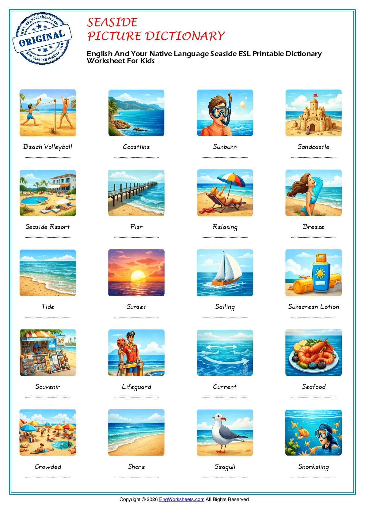 English And Your Native Language Seaside ESL Printable Dictionary Worksheet For Kids Worksheet Preview