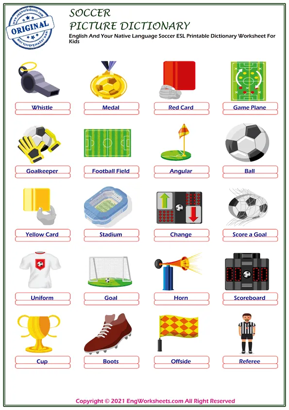 Soccer English crossword puzzle worksheet, write the appropriate words to the pictures given in the puzzle. Worksheet Preview