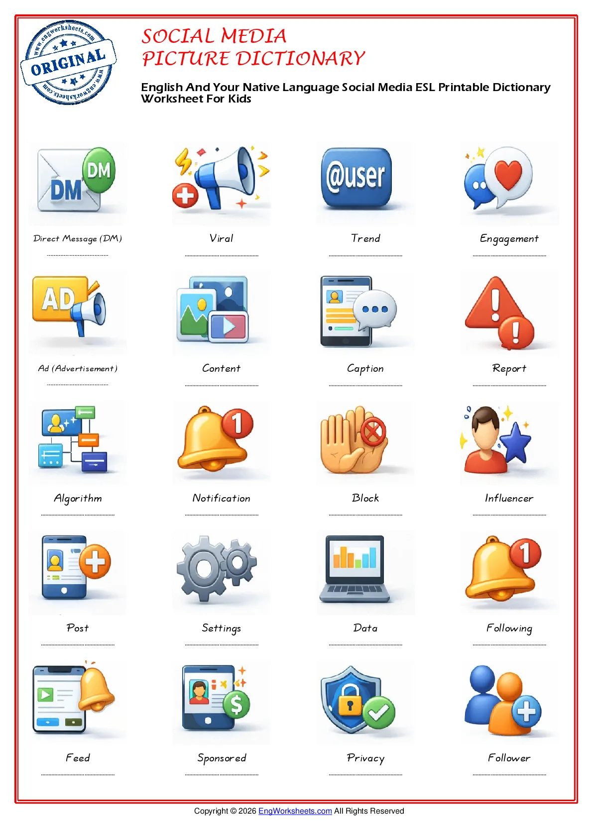 English And Your Native Language Social Media ESL Printable Dictionary Worksheet For Kids Worksheet Preview