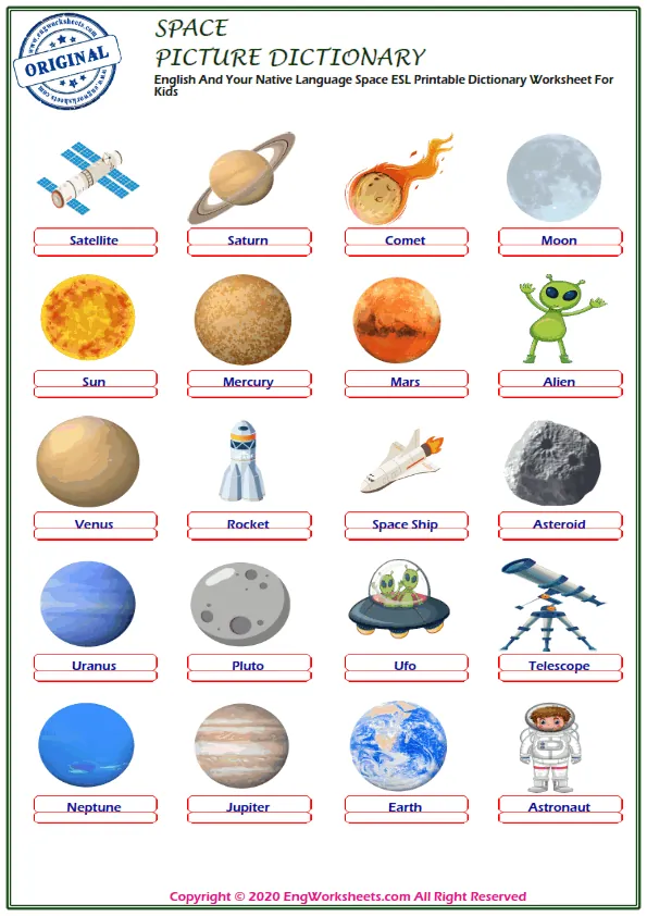 English And Your Native Language Space ESL Printable Dictionary Worksheet For Kids Worksheet Preview