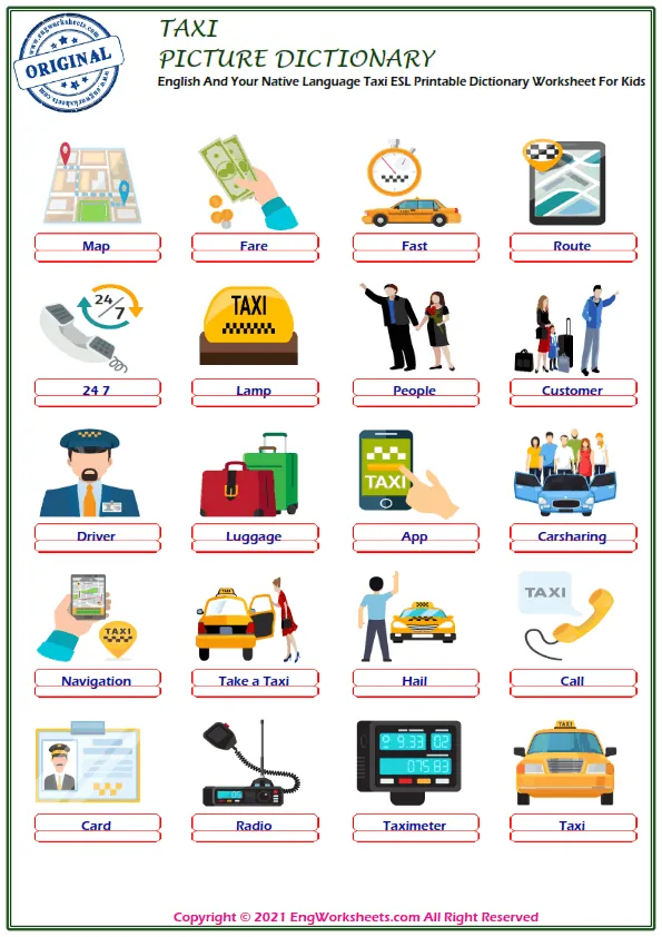 English And Your Native Language Taxi ESL Printable Dictionary Worksheet For Kids Worksheet Preview