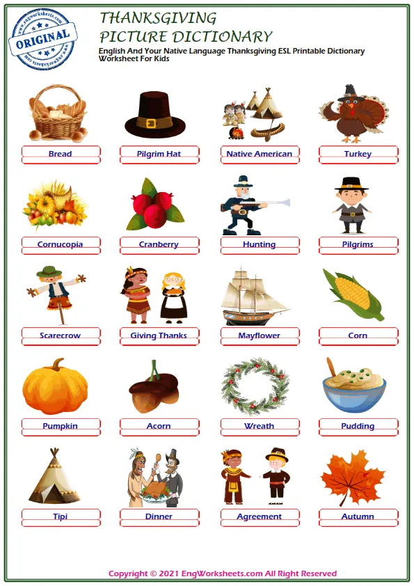 English And Your Native Language Thanksgiving ESL Printable Dictionary Worksheet For Kids Worksheet Preview