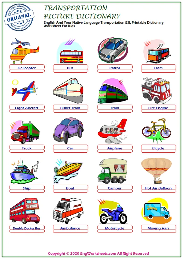 English And Your Native Language Transportation ESL Printable Dictionary Worksheet For Kids Worksheet Preview