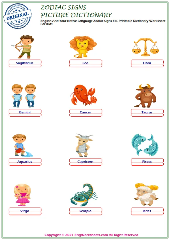 Letter and Word Tracing Zodiac Signs PDF Worksheets Worksheet Preview