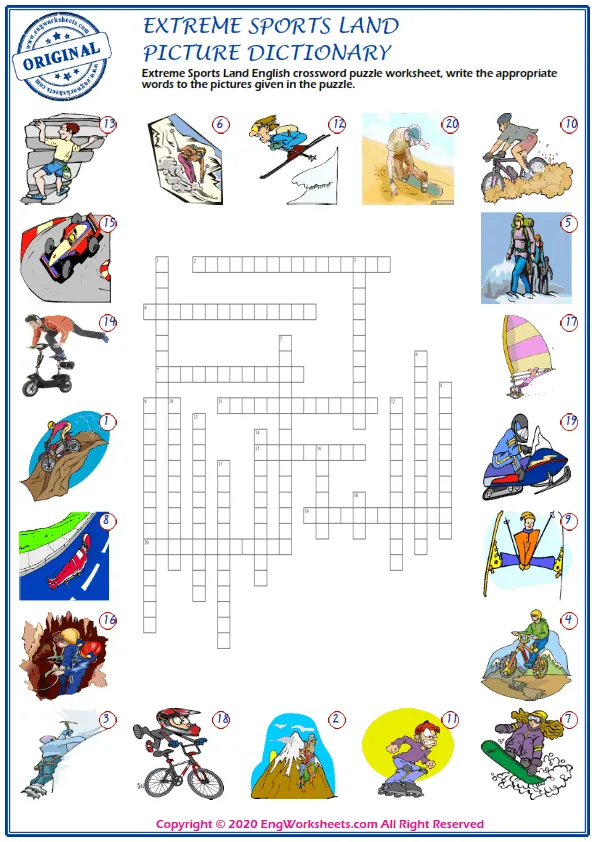 Extreme Sports Land English crossword puzzle worksheet, write the appropriate words to the pictures given in the puzzle. Worksheet Preview