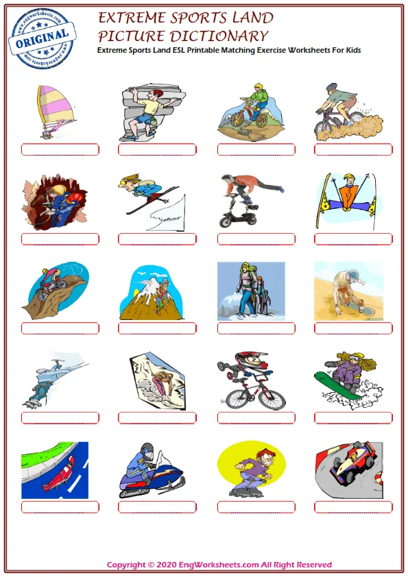Extreme Sports Land ESL Printable Matching Exercise Worksheets For Kids Worksheet Preview