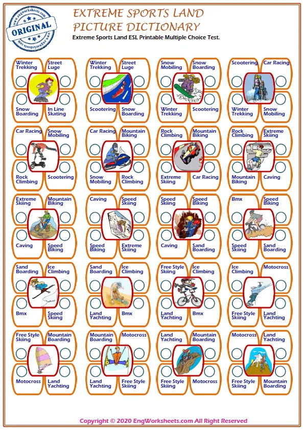 Extreme Sports Land ESL Printable Multiple Choice Test. Worksheet Preview