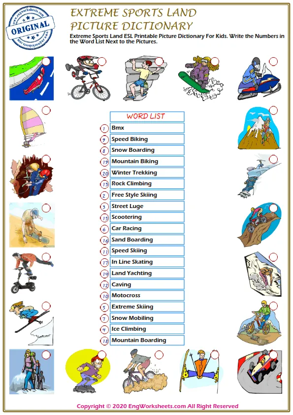 Extreme Sports Land ESL Printable Picture Dictionary For Kids. Write the Numbers in the Word List Next to the Pictures. Worksheet Preview