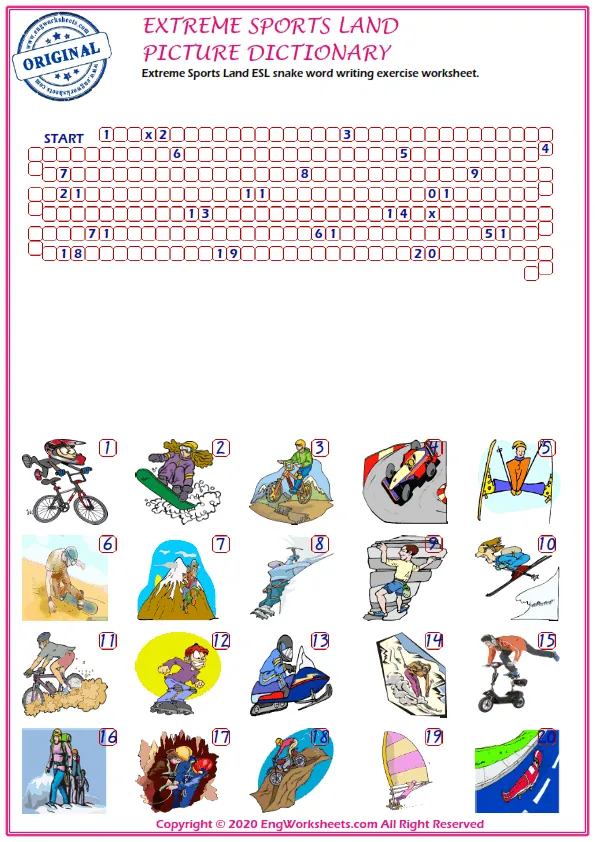 Extreme Sports Land ESL snake word writing exercise worksheet. Worksheet Preview
