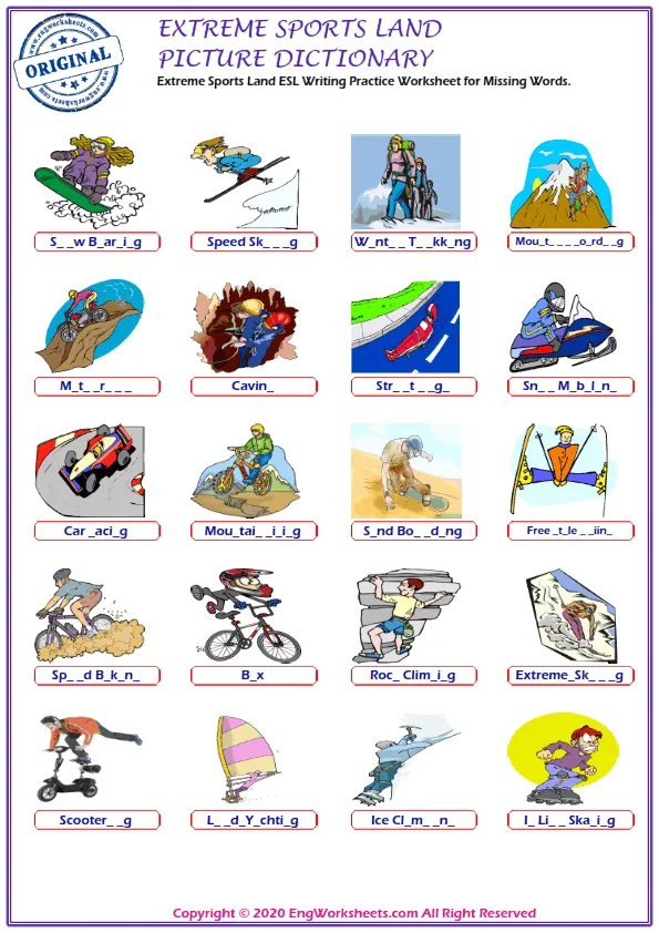 Extreme Sports Land ESL Writing Practice Worksheet for Missing Words. Worksheet Preview