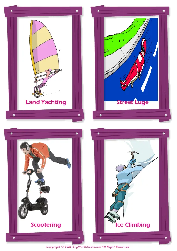 Extreme Sports Land vocabulary worksheet with words, four images per page Worksheet Preview