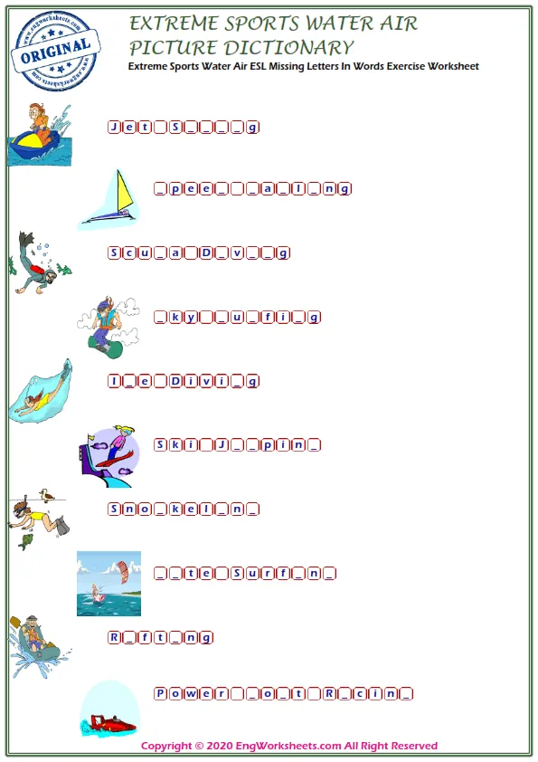 Extreme Sports Water Air ESL Missing Letters In Words Exercise Worksheet Worksheet Preview