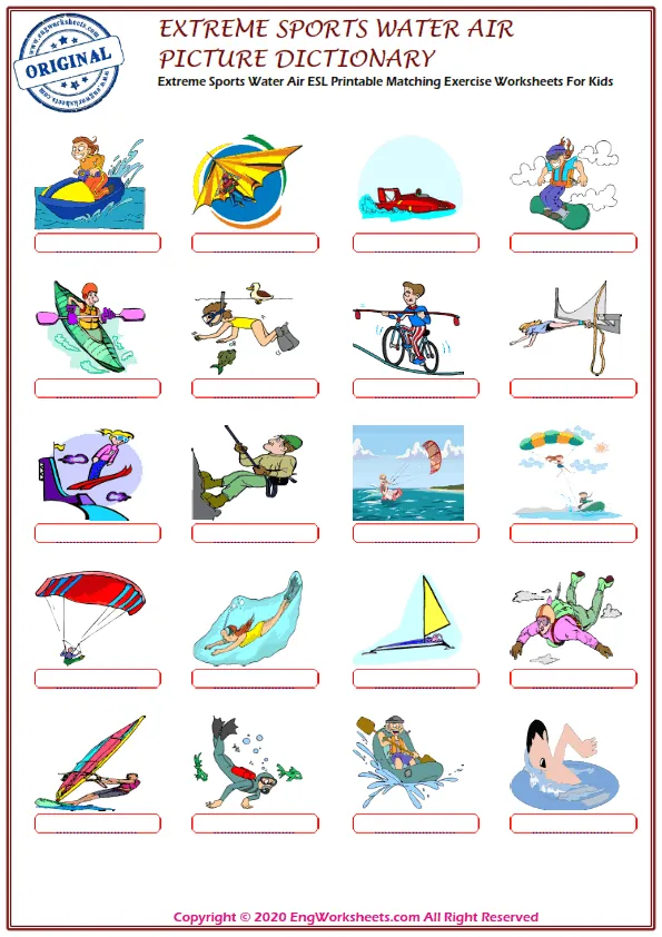 Extreme Sports Water Air ESL Printable Matching Exercise Worksheets For Kids Worksheet Preview