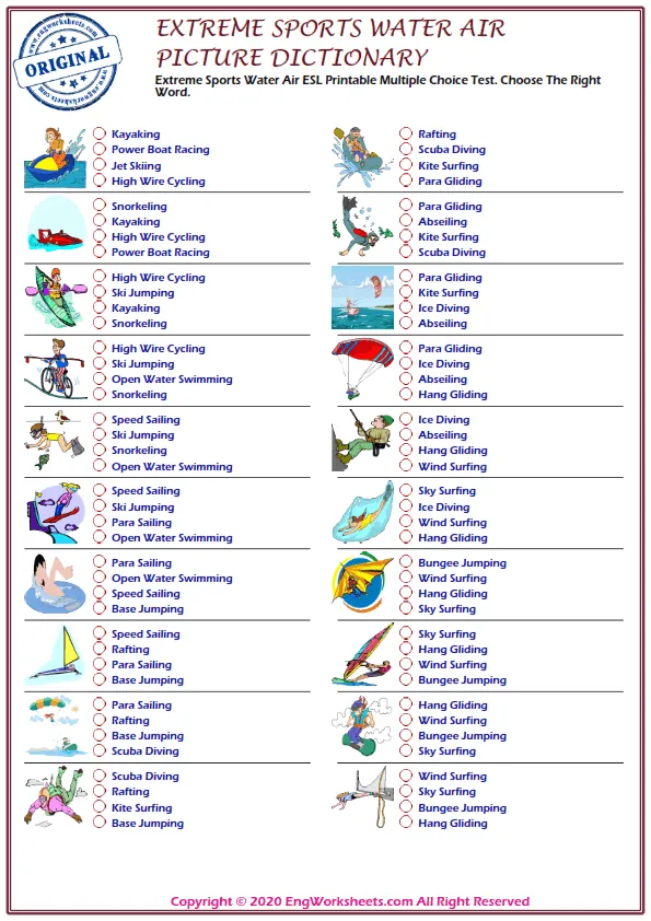 Extreme Sports Water Air ESL Printable Multiple Choice Test. Choose The Right Word. Worksheet Preview