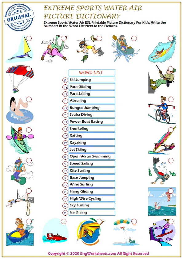 Extreme Sports Water Air ESL Printable Picture Dictionary For Kids. Write the Numbers in the Word List Next to the Pictures. Worksheet Preview