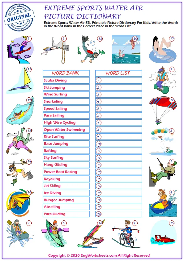 Extreme Sports Water Air ESL Printable Picture Dictionary For Kids. Write the Words in the Word Bank in the Correct Place in the Word List. Worksheet Preview