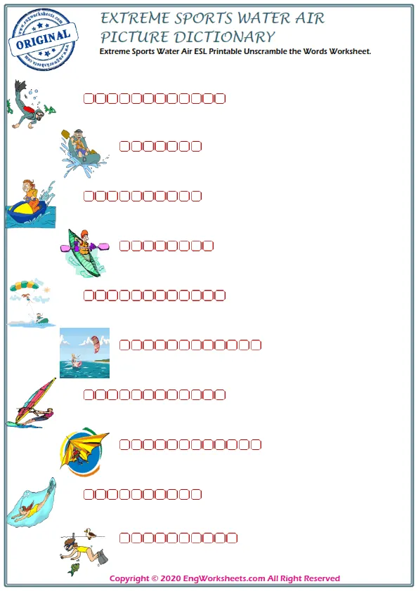 Extreme Sports Water Air ESL Printable Unscramble the Words Worksheet. Worksheet Preview