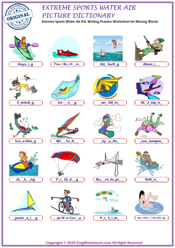 Extreme Sports Water Air ESL Writing Practice Worksheet for Missing Words. Worksheet Preview