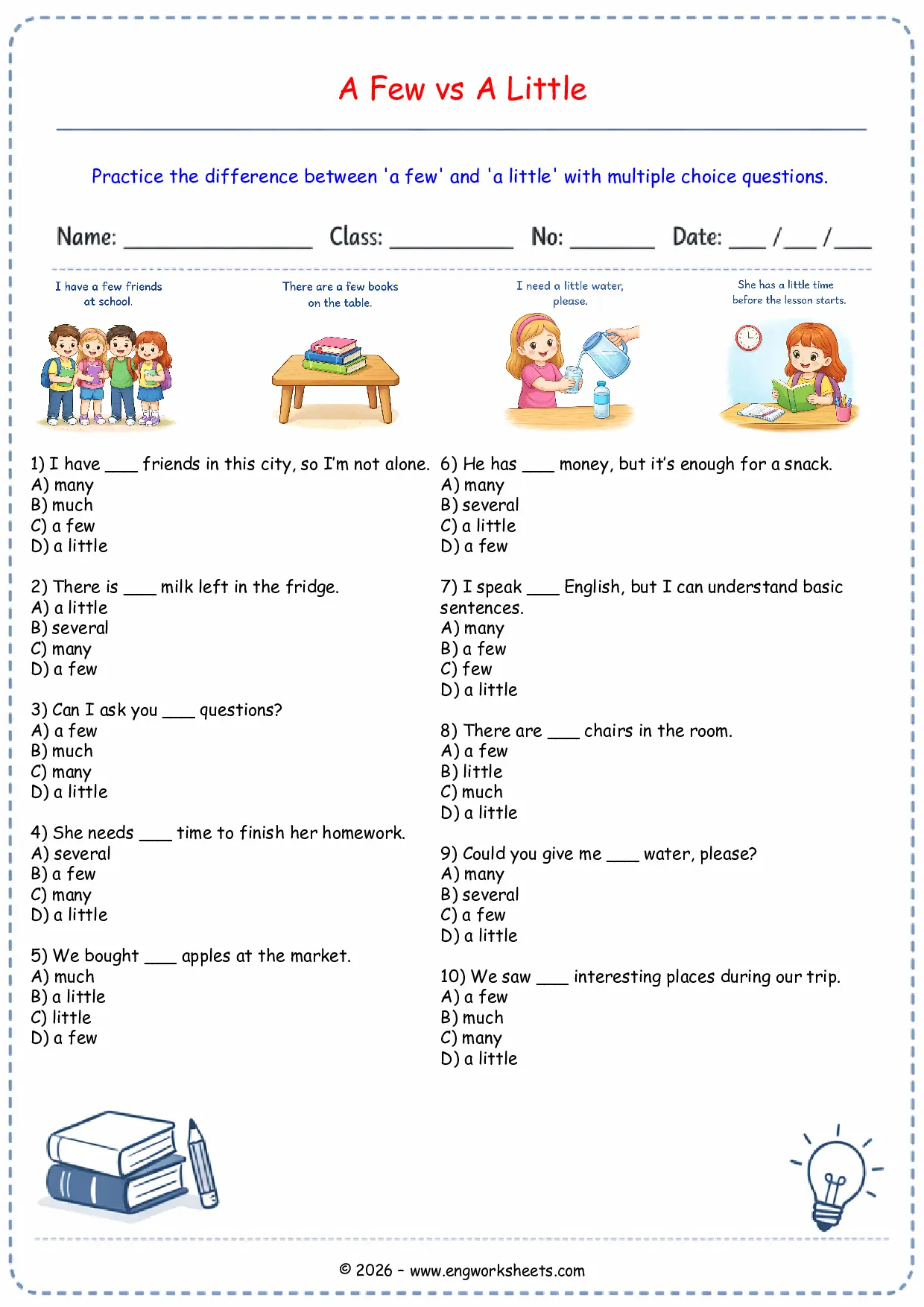 A Few vs A Little Worksheet Multiple Choice PDF Worksheet Preview