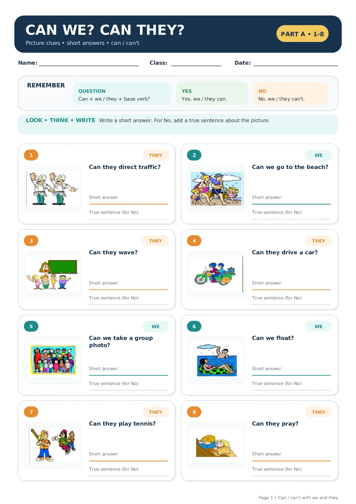 Can We? Can They? Picture-Based Can and Can’t Worksheet Worksheet Preview