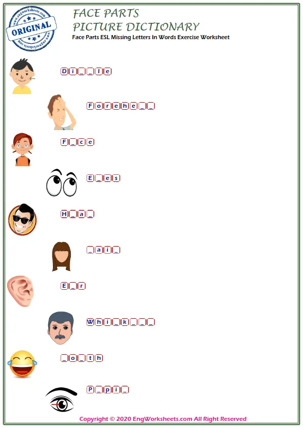 Face Parts ESL Missing Letters In Words Exercise Worksheet Worksheet Preview