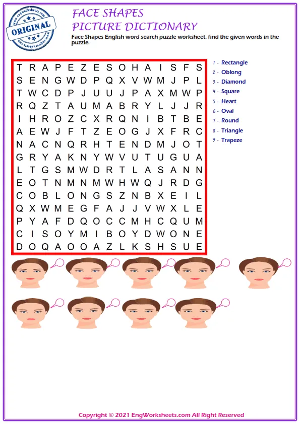 Face Shapes ESL Printable Picture Dictionary For Kids. Draw And Match The Words And Pictures. Worksheet Preview