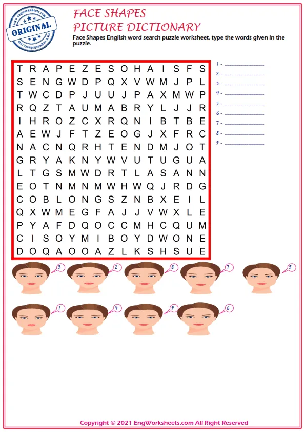 Face Shapes ESL Printable Picture Dictionary For Kids. Write the Numbers Next to the Words. Worksheet Preview