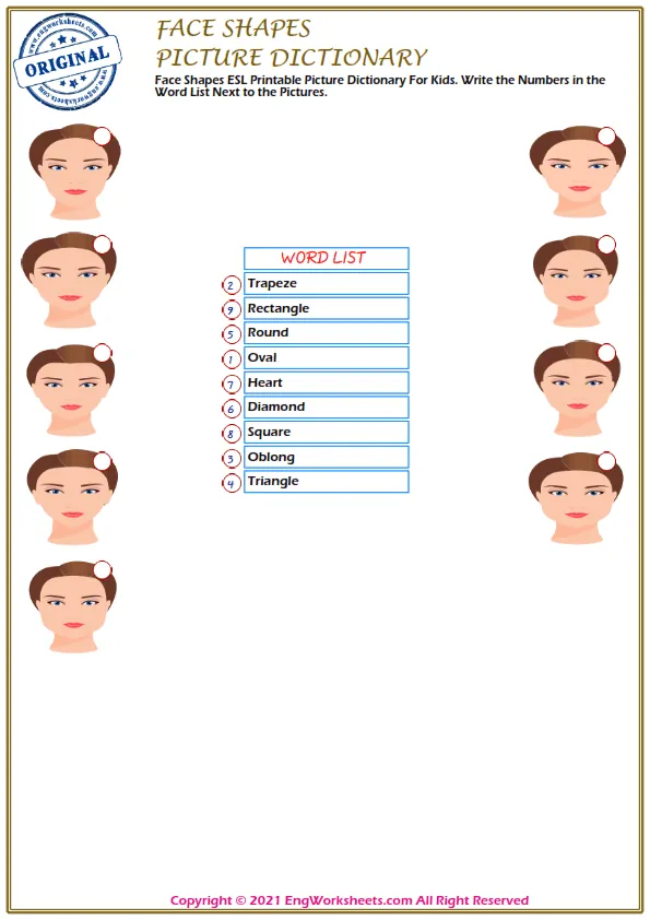 Face Shapes ESL Printable Picture Dictionary For Kids. Write the Words in the Word Bank in the Correct Place in the Word List. Worksheet Preview