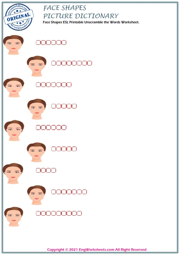 Face Shapes vocabulary worksheet with words, nine images per page Worksheet Preview