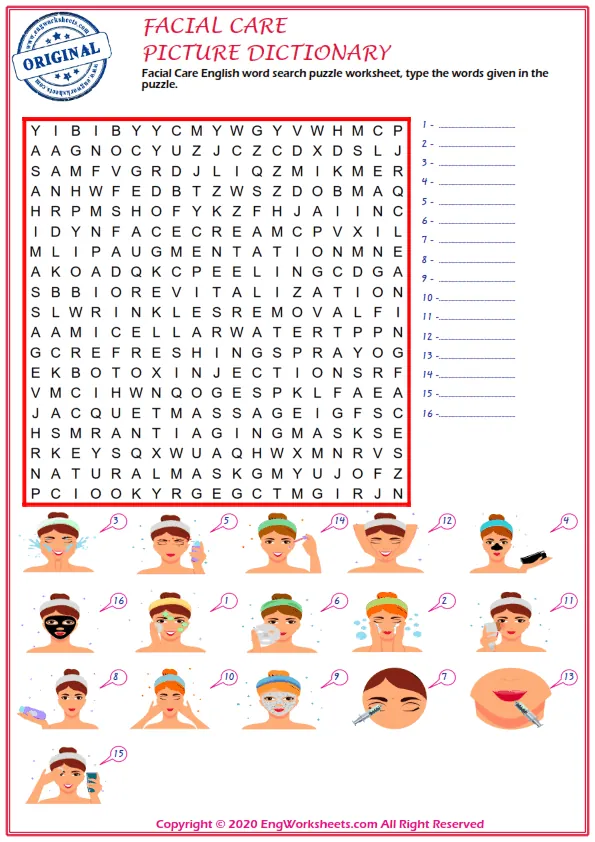 Facial Care English word search puzzle worksheet, type the words given in the puzzle. Worksheet Preview