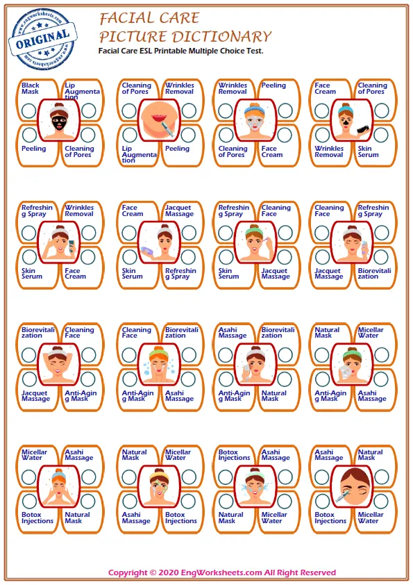 Facial Care ESL Printable Multiple Choice Test. Worksheet Preview