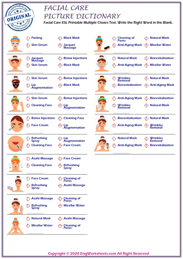 Facial Care ESL Printable Multiple Choice Test. Write the Right Word in the Blank. Worksheet Preview