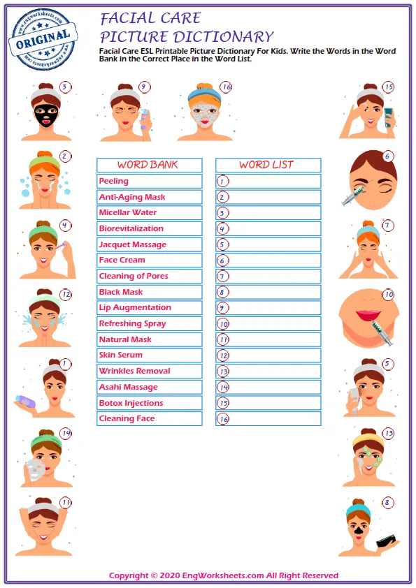 Facial Care ESL Printable Picture Dictionary For Kids. Write the Words in the Word Bank in the Correct Place in the Word List. Worksheet Preview