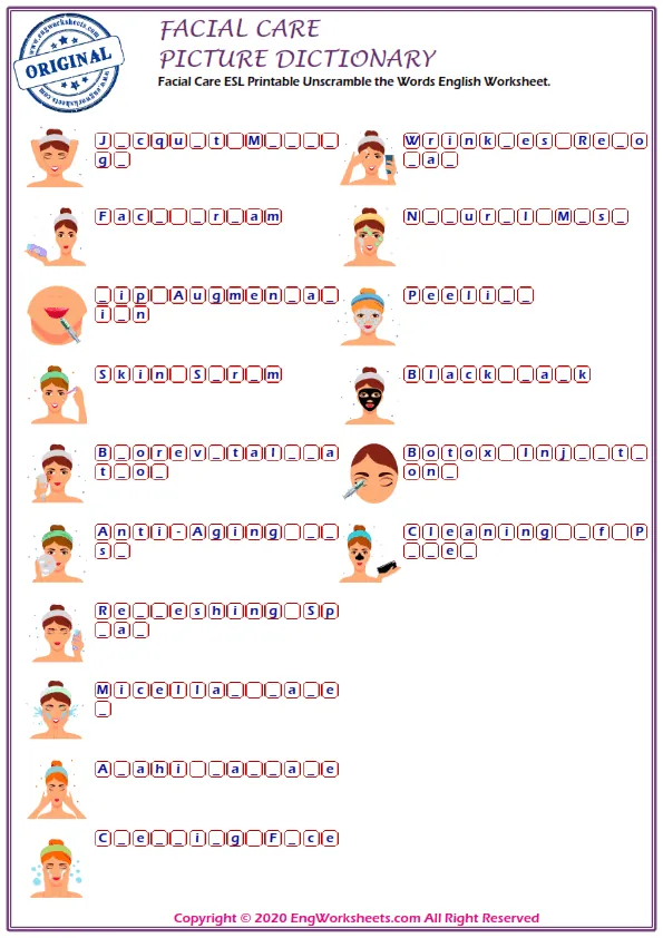 Facial Care ESL Printable Unscramble the Words English Worksheet. Worksheet Preview