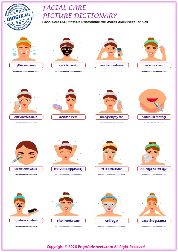 Facial Care ESL Printable Unscramble the Words Worksheet For Kids Worksheet Preview