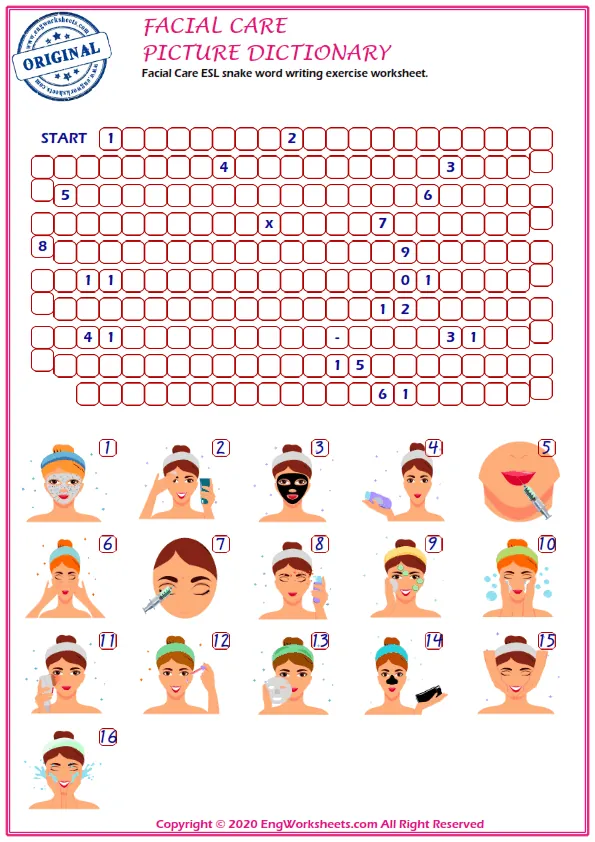 Facial Care ESL snake word writing exercise worksheet. Worksheet Preview
