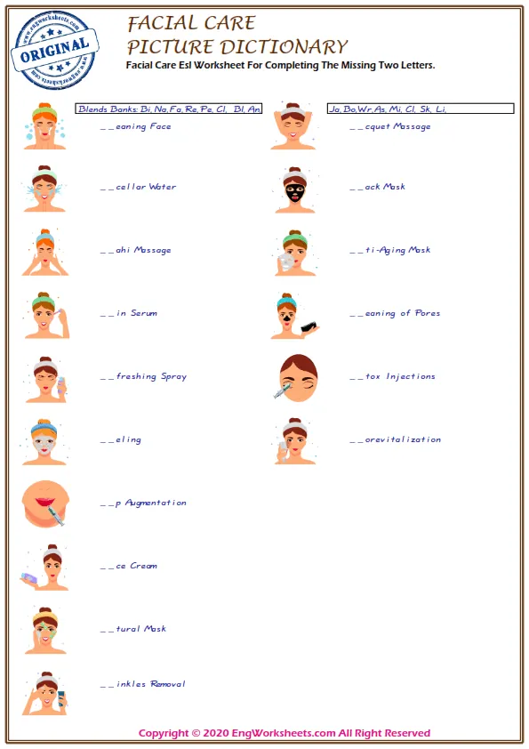 Facial Care Esl Worksheet For Completing The Missing Two Letters. Worksheet Preview
