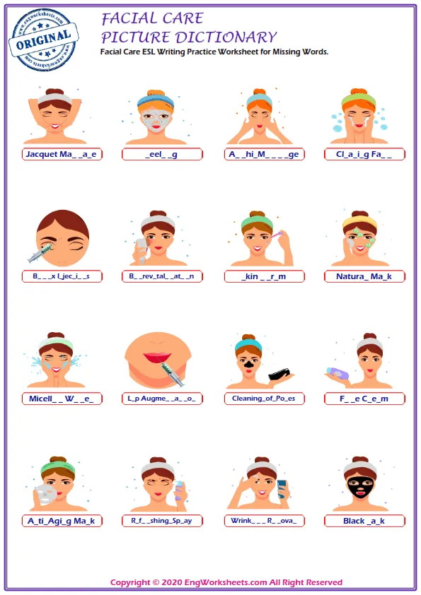 Facial Care ESL Writing Practice Worksheet for Missing Words. Worksheet Preview
